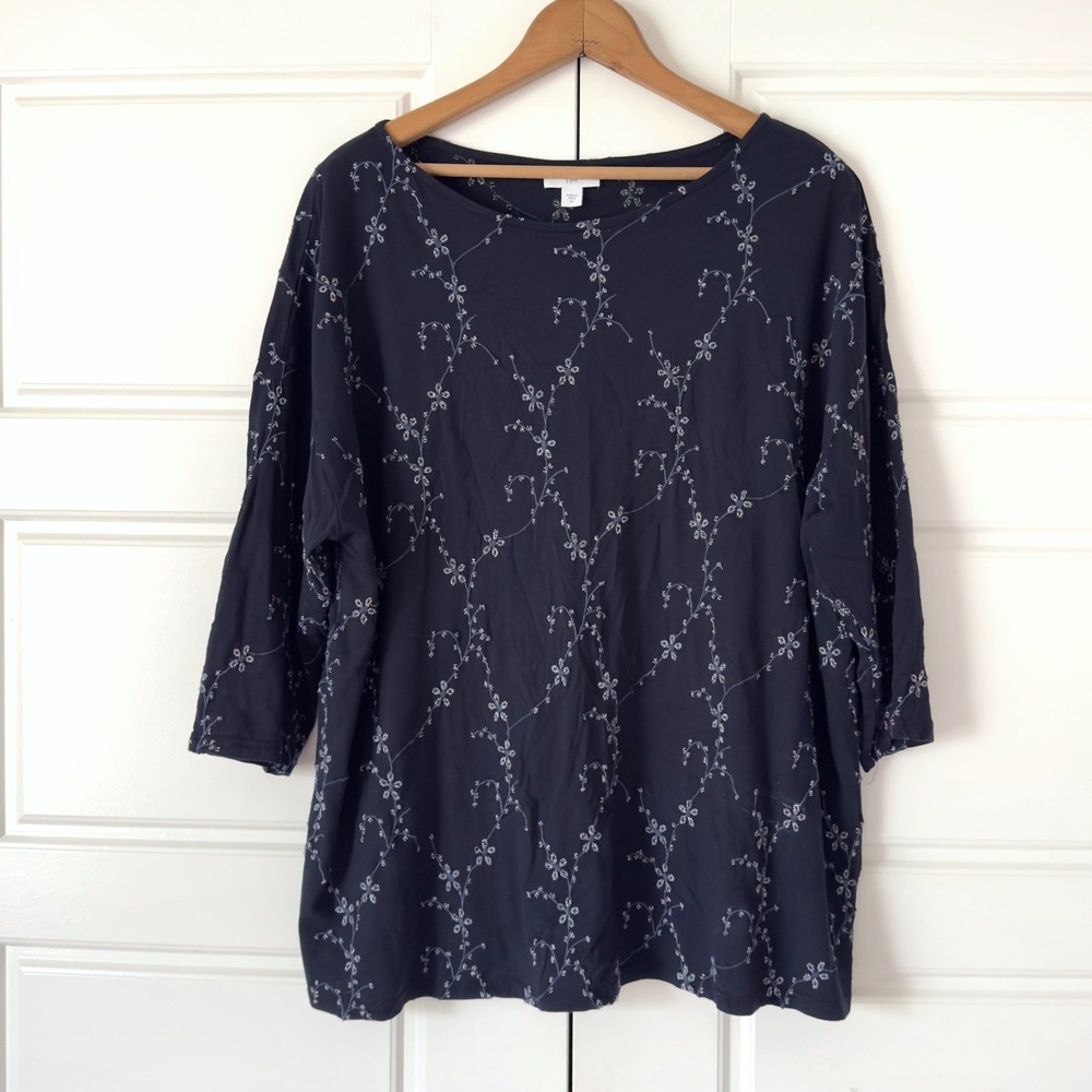 J Jill Floral Embroidered Top Blouse Womens XL Navy Blue White Boho Cottagcore